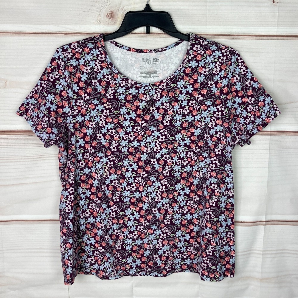 Time And Tru Top Womens 3XL Floral T-Shirt Cotton Crew Neck Short Sleeve Knit